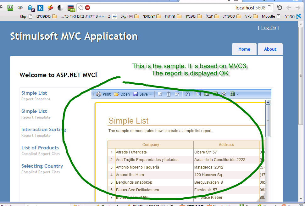 Screen capture of the original sample - report is displaued OK