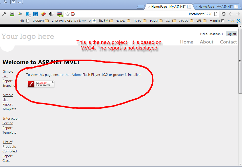 Screen capture of an MVC4 project based on the sample - The report is not displayed