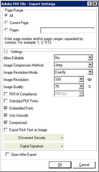 PDF Export settings