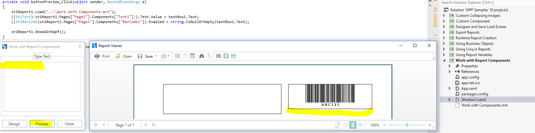 Remove Text, click Preview and BarCode1 will be printed