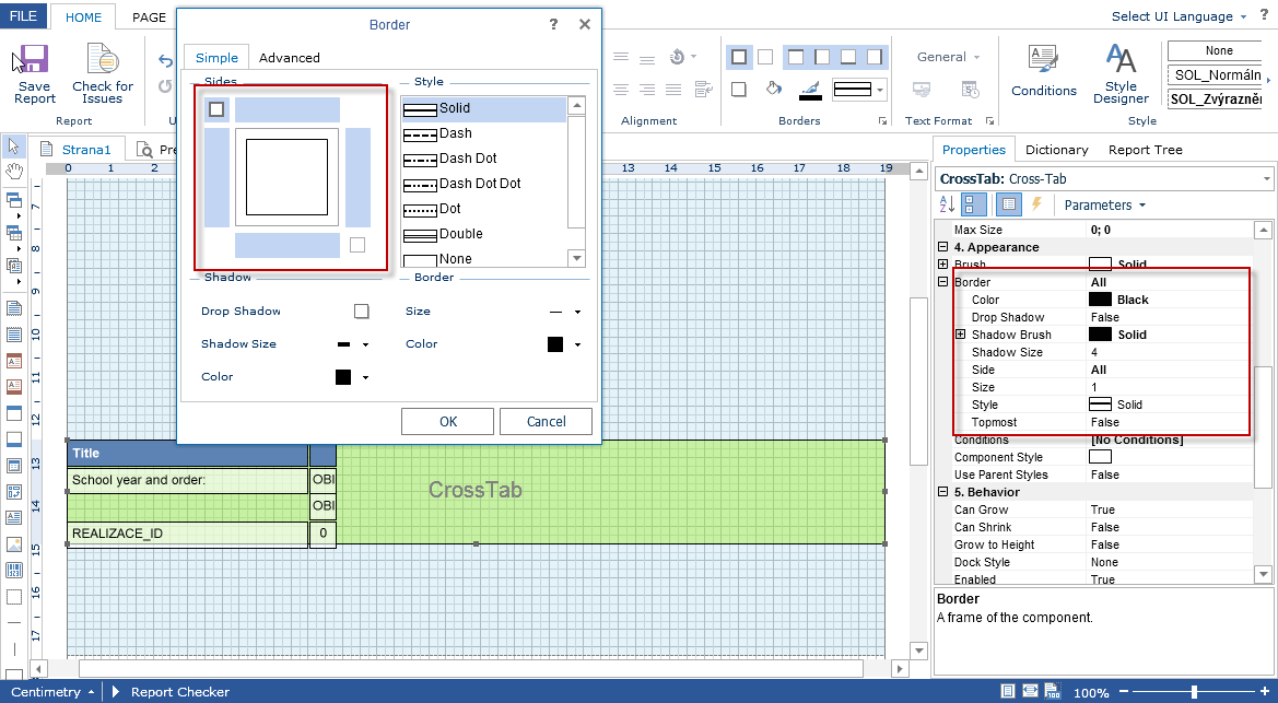 CrossTab - Border Settings