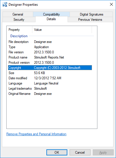 Showing the Properties of Designer.exe from Windows Explorer
