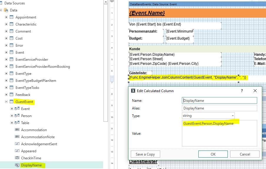 Designer with calculated column