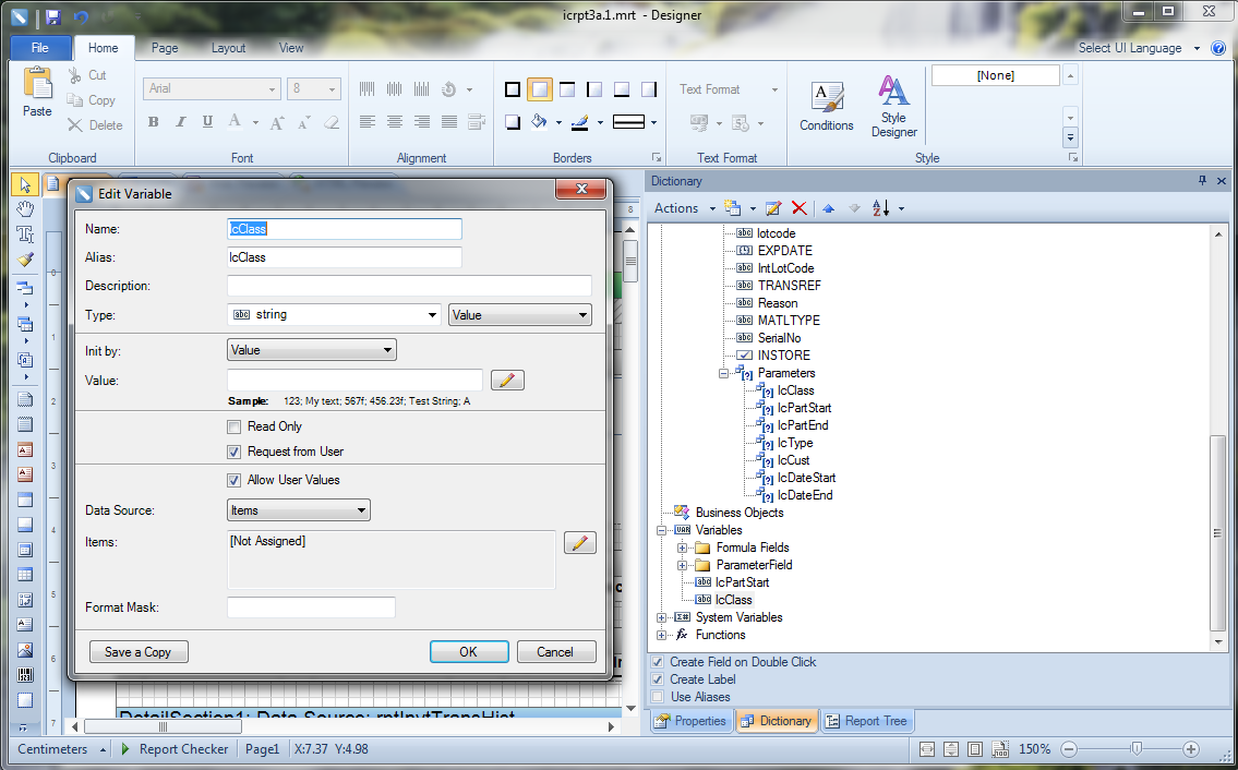 Screen shot of variable