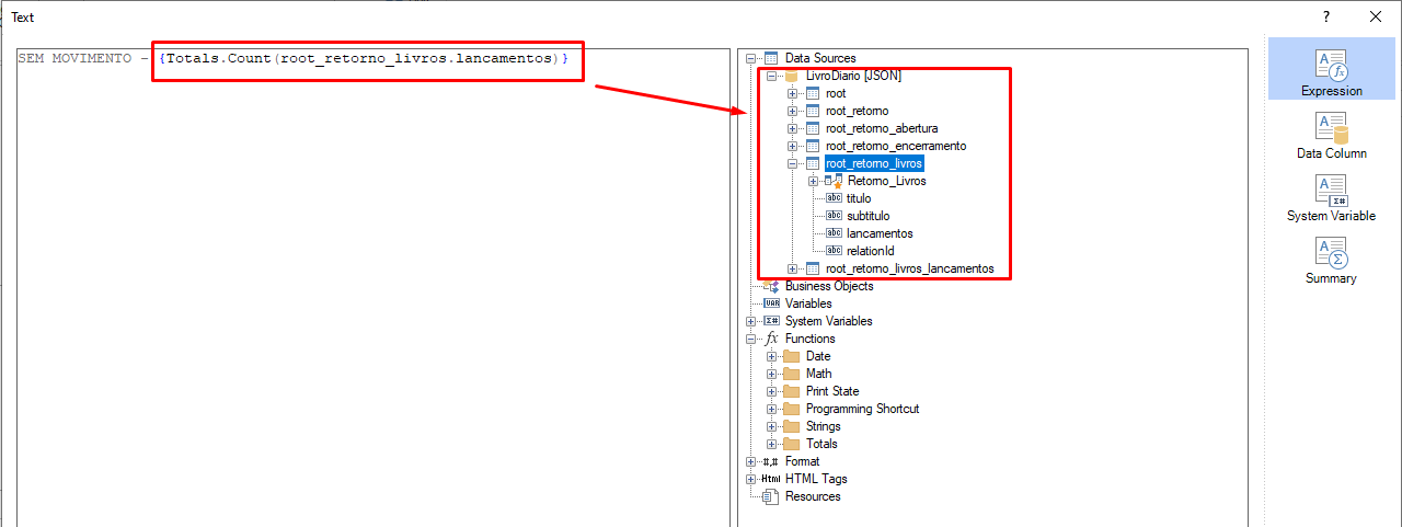 I use {Totals.Count(root_retorno_livros.lancamentos)}