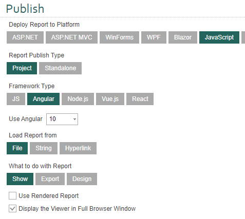 Plataform: JavaScript | Type: Project | Framework: Angular | Version: 10 | Load Report From: File | What to do with Report: Show | Display the Viewer in Full Browser Window: true