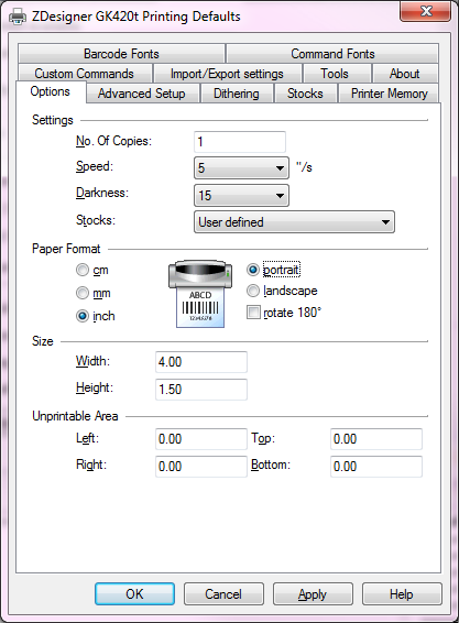 Zebra GK-420t properties when clicked on &quot;Advanced &gt; Printing defaults...&quot; button of printer's properties dialog