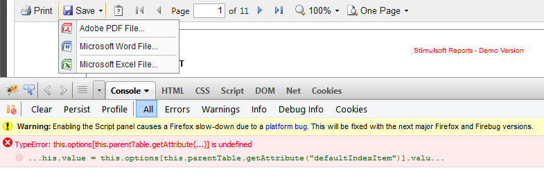 Screenshot of Export Error