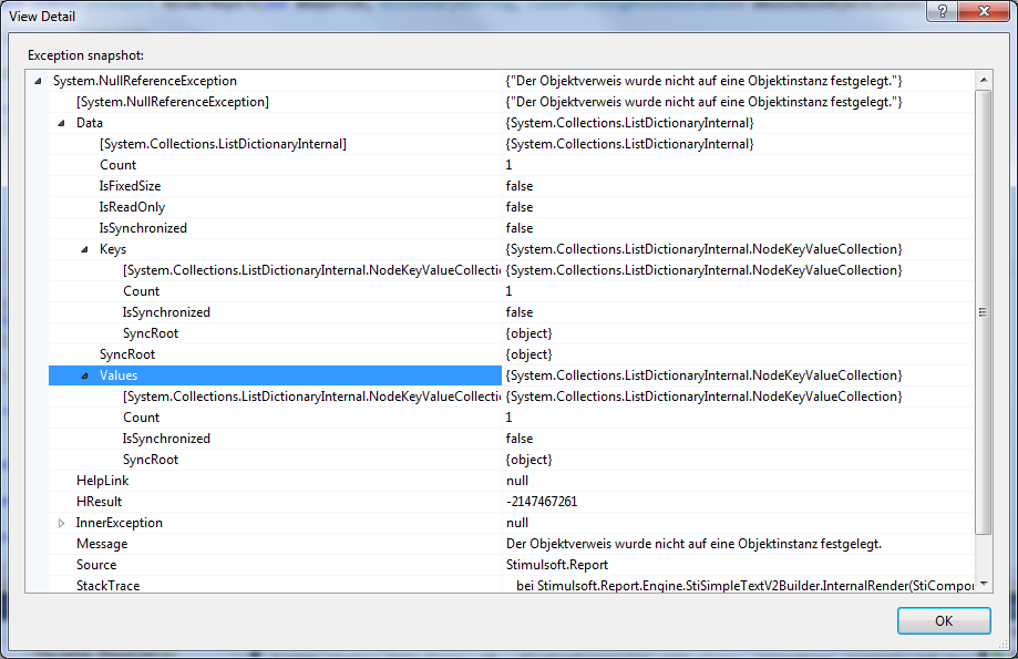 This is a screeshot of the exception withing VS 2010