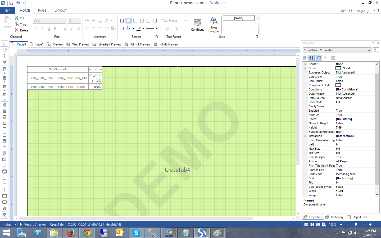 Actual configuration of crosstab