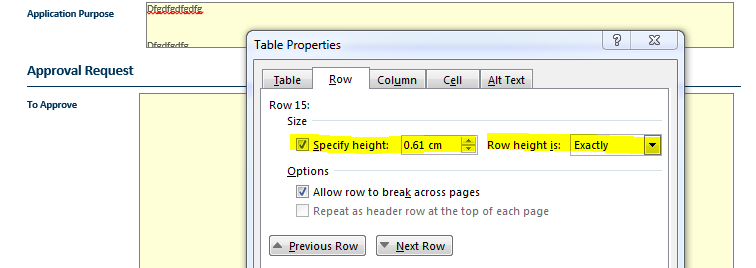 MS Word table properties - Row Height