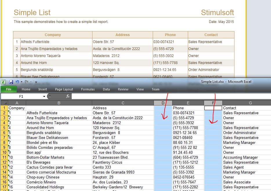 Screen shot showing empty columns