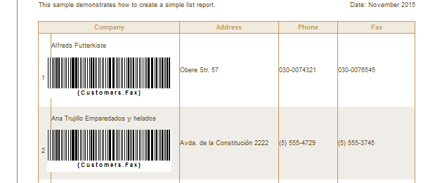 barcode  component ,set property<br />Code = {Customers.Fax}<br />BarCodeType=Code39 Extended