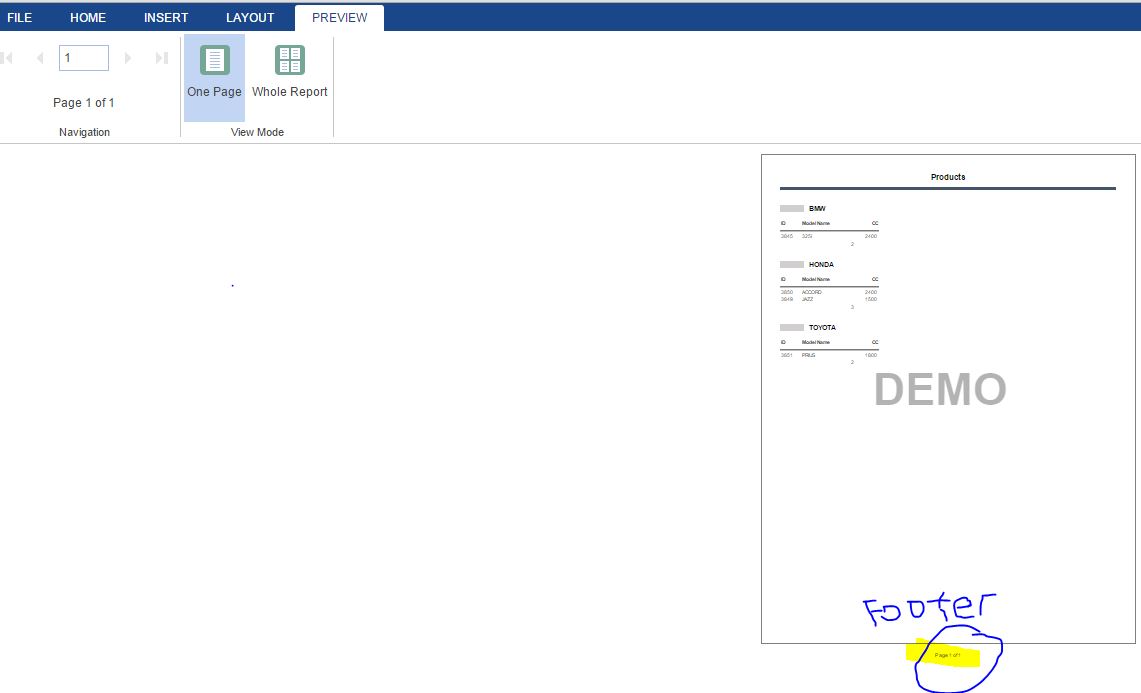 In preview, the page size became shorter, hence footer went off page.